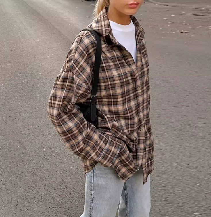 Womens Vintage Oversized Long-Sleeve Flannel Shirt