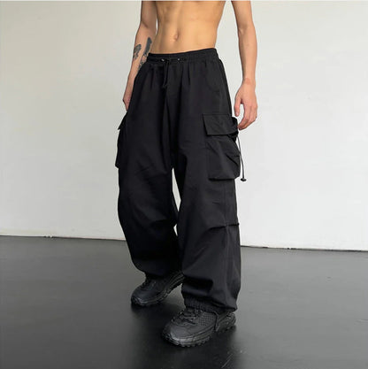 Wide Cargo Pants Black Elastic Waist