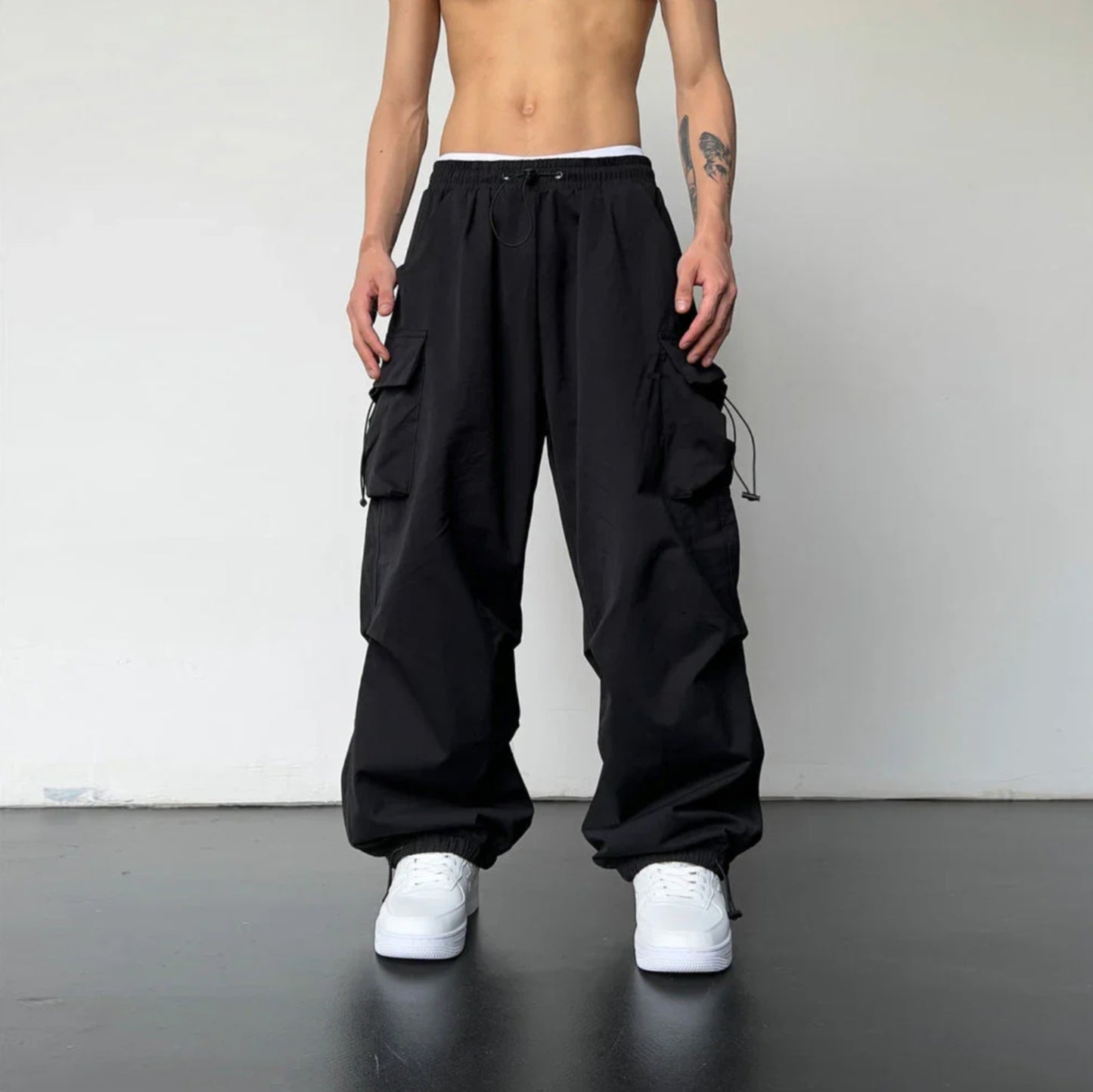 Wide Cargo Pants Black Elastic Waist