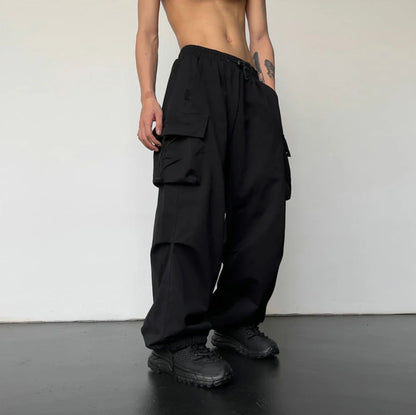 Wide Cargo Pants Black Elastic Waist