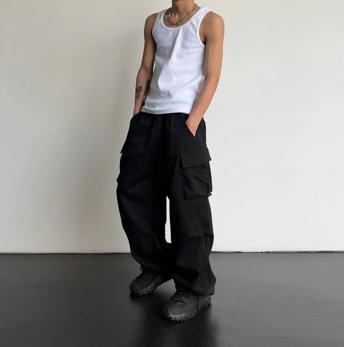 Wide Cargo Pants Black Elastic Waist