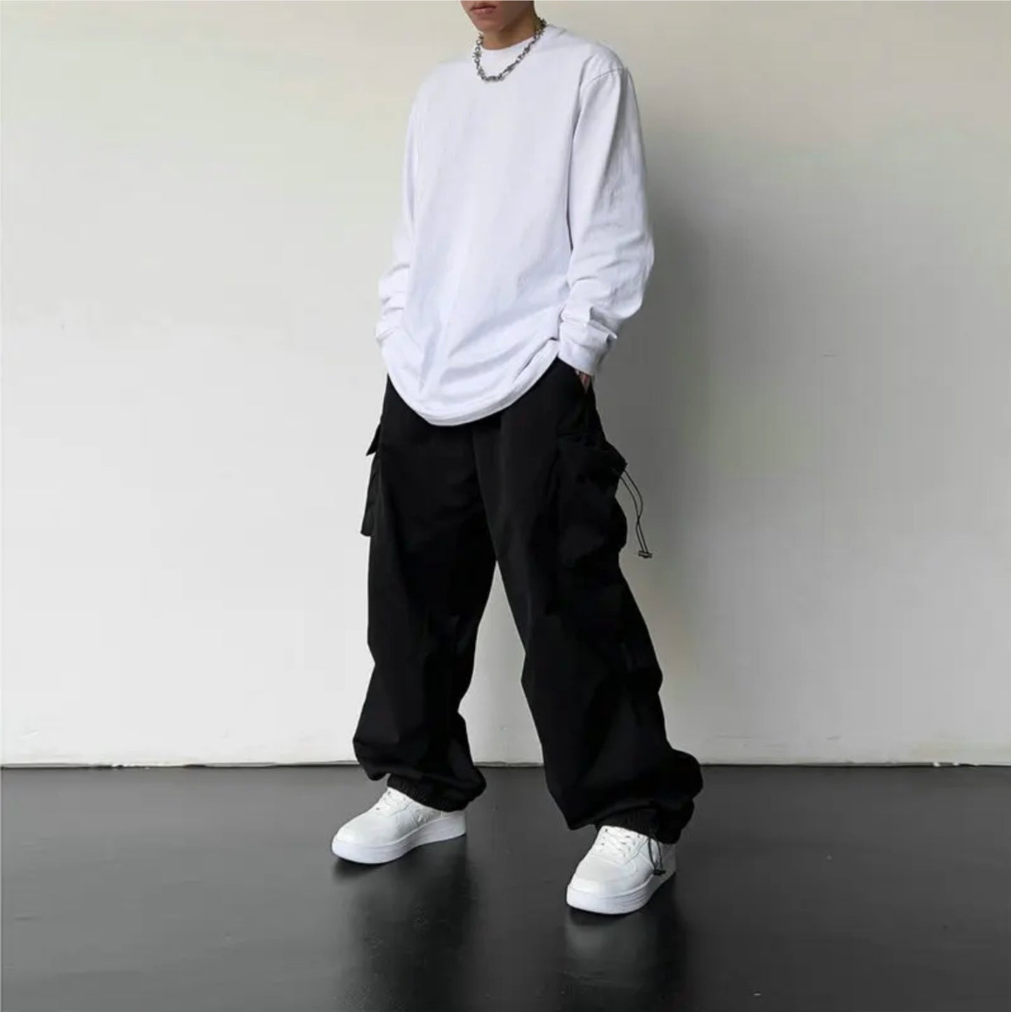 Wide Cargo Pants Black Elastic Waist