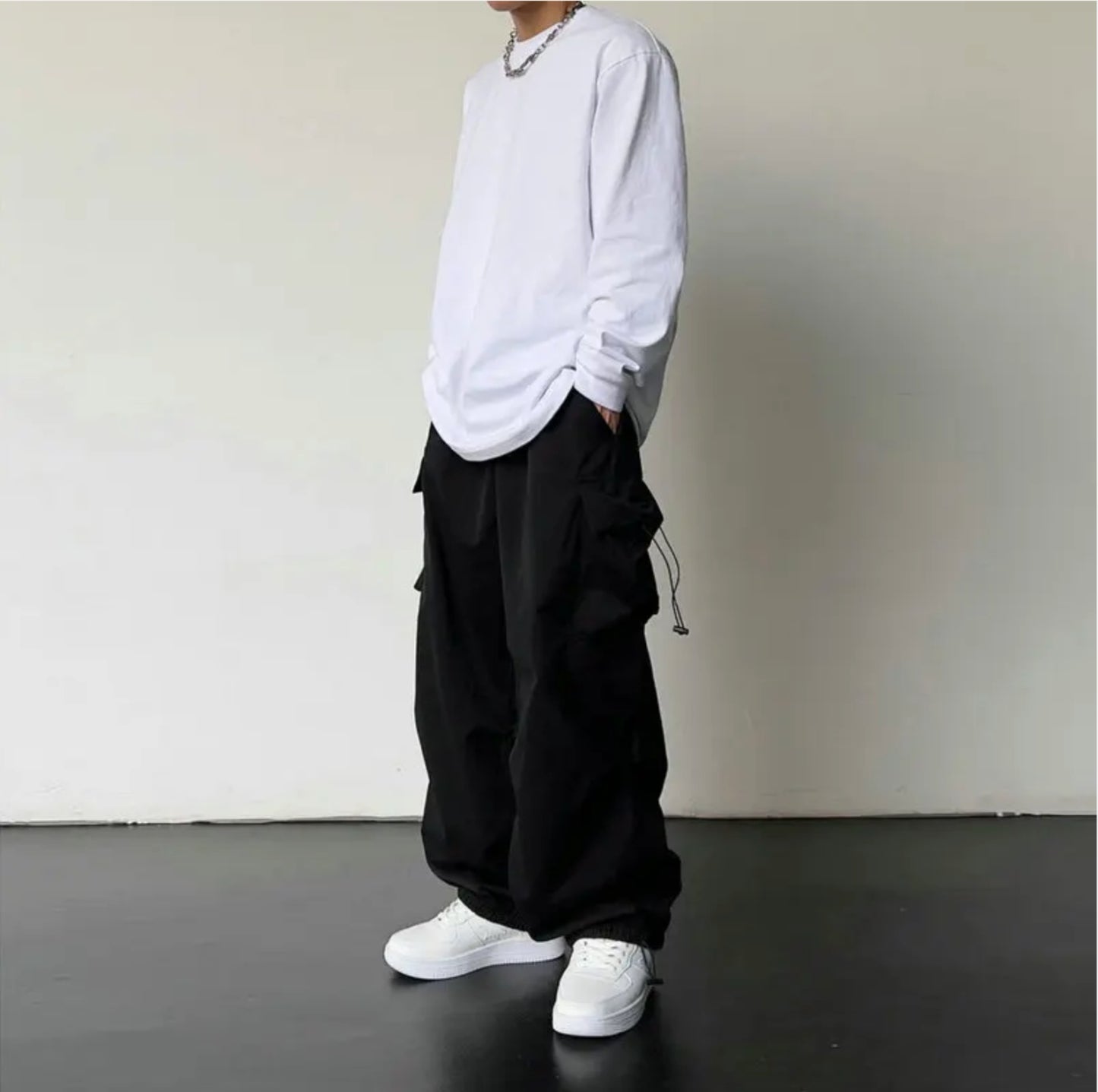 Wide Cargo Pants Black Elastic Waist